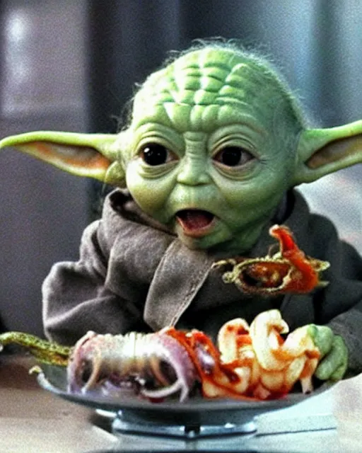 Image similar to baby yoda eating an alien squid thing in the style of dae - su eating an octopus at the sushi bar in oldboy