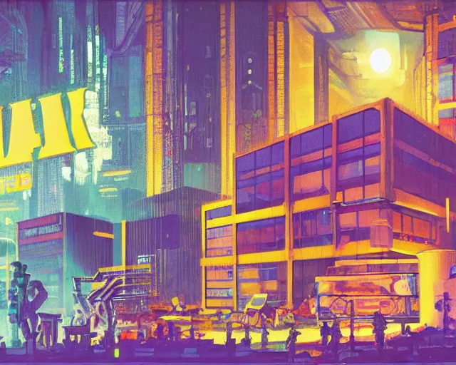 Image similar to IKEA catalogue photo of a cyberpunk office, by Paul Lehr