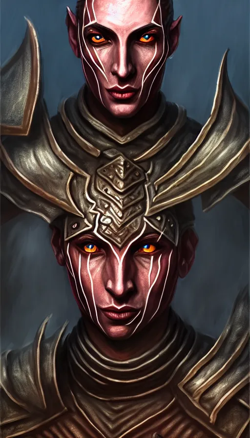 Image similar to hyperrealistic morrowind dunmer male nerevarine in front of balmora, red eyes, 3 / 4 portrait, symmetrical face, handsome face, full body dnd character portrait, medieval armor, morrowind armor, oblivion armor, skyrim armor, eso armor, intricate, highly detailed, elegant, 4 k, artstation, deviantart