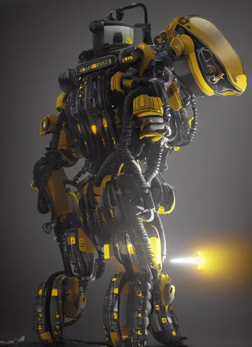 Image similar to a photorealistic dramatic hyperrealistic render of a futuristic exosuit power loader heavy machinery, ultra realistic details, glossy yellow by vitaly bulgarov and mike nash, beautiful dramatic dark moody tones and lighting, cinematic atmosphere, studio lighting, shadows, dark background, octane render, 8 k