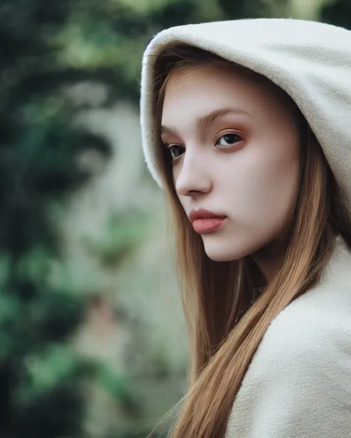 Prompt: girl with [ long beige hair, white skin, wearing a turtle neck ], 4 k photorealism, full face view, trending on unsplash