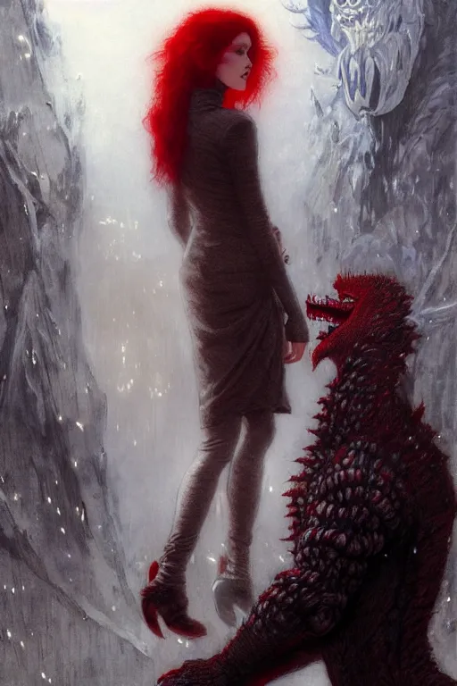 Prompt: beautiful vampire with red eyes and long red hair in a white woollen turtleneck dress, pointing at a small blue shin godzilla, portrait dnd, painting by gaston bussiere, craig mullins, greg rutkowski, yoji shinkawa