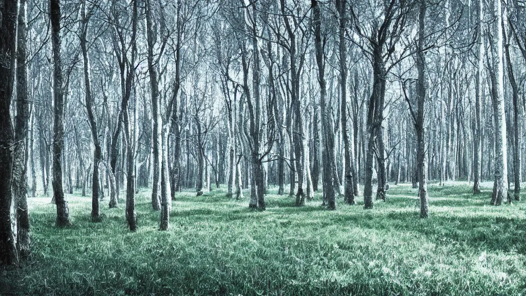 Prompt: Forest of white trees, blue grass. Fantasy, digital art, HD, detailed.