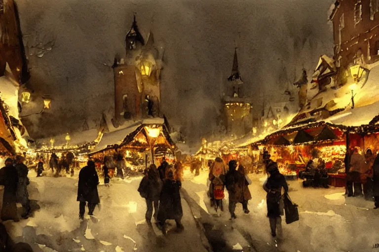 Prompt: abstract watercolor painting of village street, magic diamond crystal winter, traditional christmas market, cinematic light, national romanticism by anders zorn, by greg rutkowski, by greg manchess