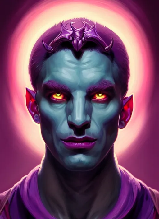 Image similar to symmetry!! portrait of a male purple and teal skinned tiefling with demon horns, glowing lights!! intricate, elegant, highly detailed, digital painting, artstation, concept art, smooth, sharp focus, illustration, art by artgerm and greg rutkowski and alphonse mucha