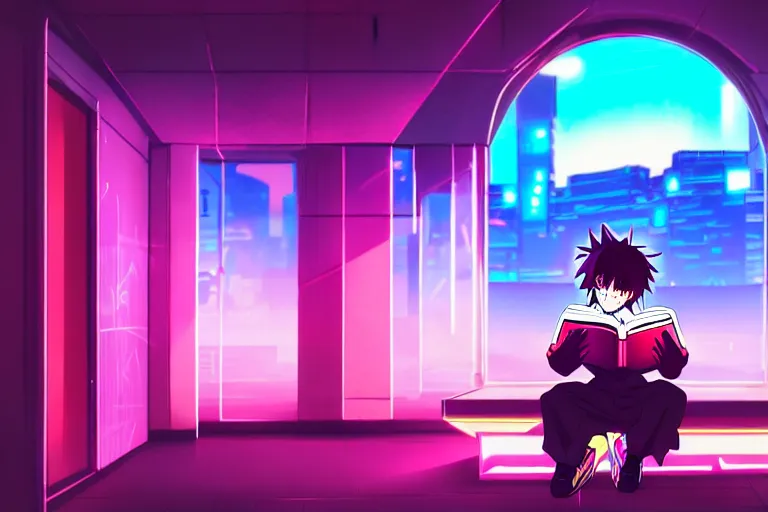 Prompt: an anime boy reading a book, neon, synthwave,