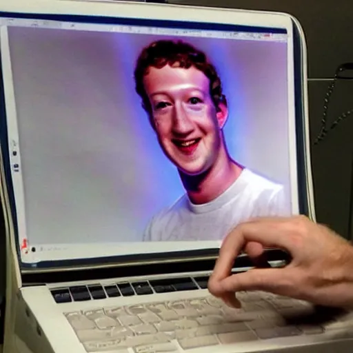 Image similar to mark zuckerberg is inside a computer monitor, handsome bearded man has a birthday cake, happy birthday, confetti, cake, balloons