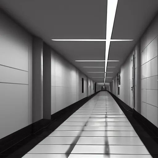 Image similar to hallways of underground lab, sterile, clean, cinematic, liminal space, unreal engine, photorealism, haunting