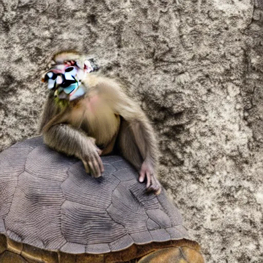 Image similar to a monkey sitting on the back of a turtle