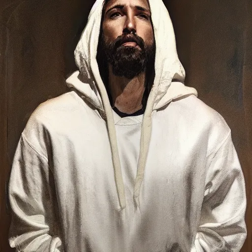 Image similar to a full body portrait of modern day jesus wearing cream yeezy menswear collection by nicola samori, hat and hoodie, detailed, oil painting, hyper realistic, 8 k, yeezy collection