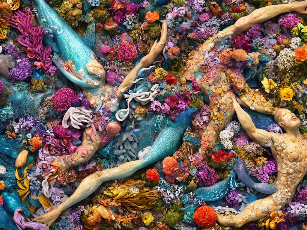 Image similar to a sculpture of fish ocean intertwined, a lovely cornucopia of flowers and human body parts, body parts, highly detailed, octane render, cinematic, shock, sharp focus, cycle