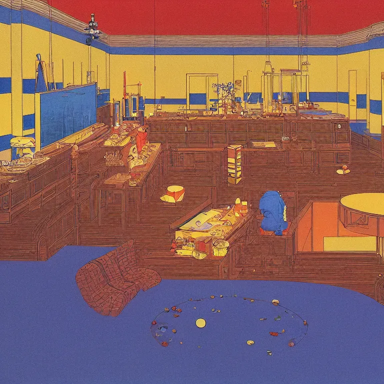 Image similar to a large golden cake in the middle of the room, embedded with spy listening devices planted by the government, acid and dreaming psychedelic hallucinations, by kawase hasui, moebius and edward hopper, colorful flat surreal design, hd, 8 k, artstation