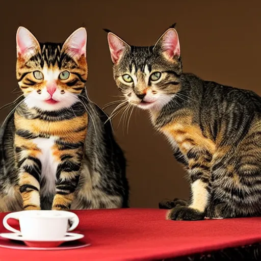 Image similar to 3 cats ( two calico and one tabby ) sitting at a table enjoying fancy english tea, award winning national geographic photo