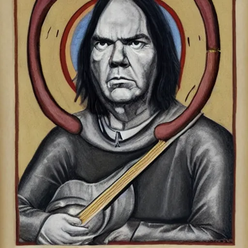 Image similar to a portrait of neil young as a medieval bard