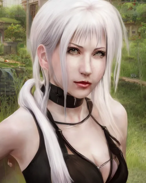 Image similar to tifa lockhart with white hair, beautiful face, garden, utopian city, solarpunk, perfect, attractive, illuminated, ultra realistic, atmosphere, cinematic, artstation, highly detailed, art by blair armitage and seunghee lee