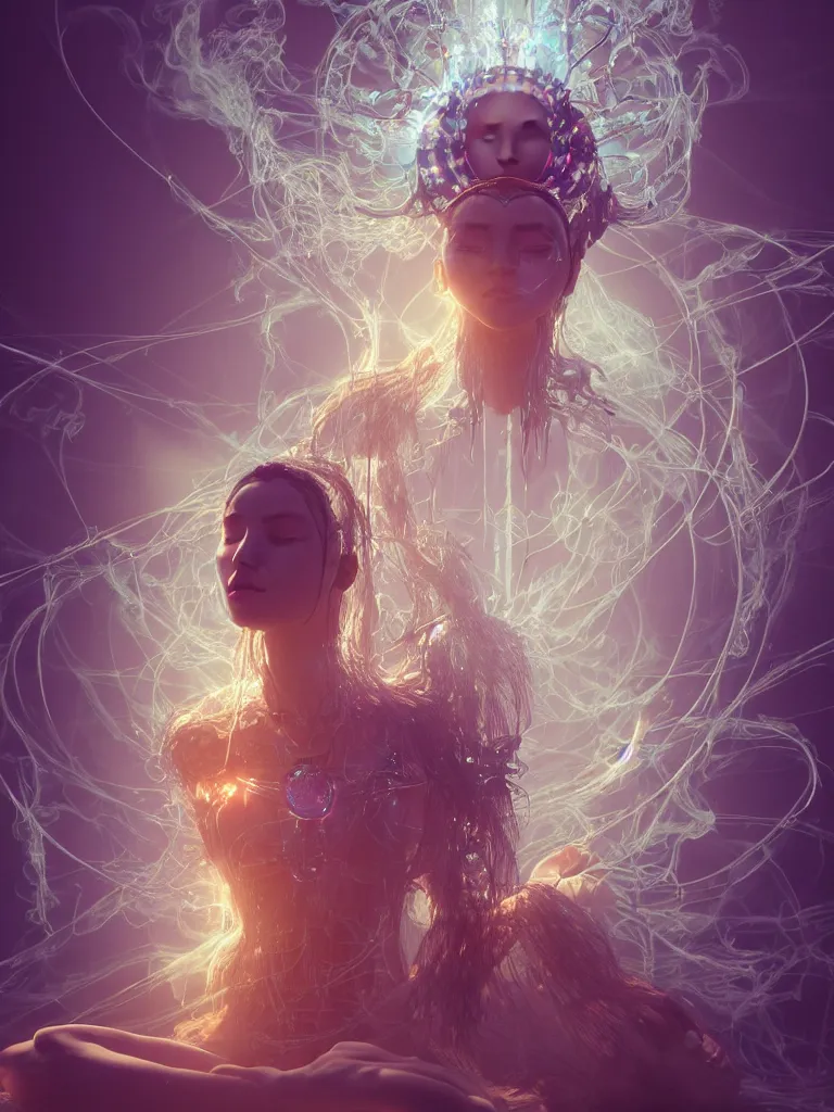 Prompt: an ancient mystical alluring female shaman generating flowing energy and surrounded by wisps of incense smoke sits meditating in a magical cybernetic robot temple, face, by vitaly bulgarov and roberto ferri, 3 d, cinema 4 d render, trending on artstation