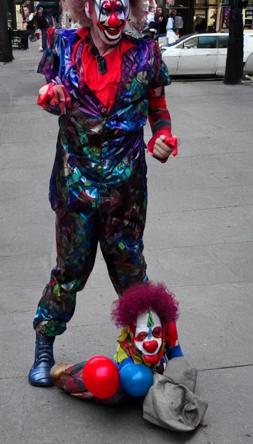 Image similar to joe rogan clown street performer, cinema still