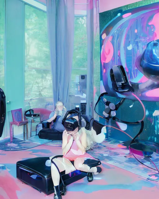 Prompt: a beautiful anime woman reclines in a gaming computer chair wearing a vr headset and headphones holding a game controller, in a domestic interior filled with screens by james jean and luc tuymans and beeple and hernan bas and pat steir and hilma af klint, psychological, 3 d, dripping paint, high quality render, masterpiece