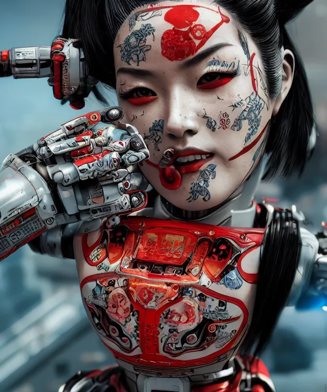 Image similar to an epic fantastic realism comic book style portrait painting of a japanese robotic geisha with kanji tattoos and decals, apex legends, octane render, intricate detail, 4 k hd, unreal engine 5