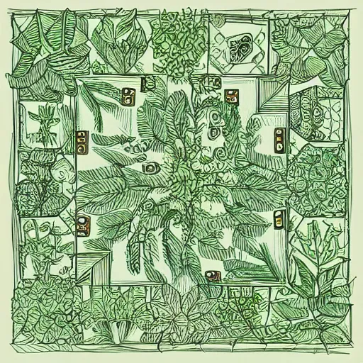 Image similar to annotated highly, detailed and intricate, small square room full of plants, marker concept art style rendering, concept art, half blueprint, trending on artstation, intricate details, center frame, annotations, metalic green, sketch