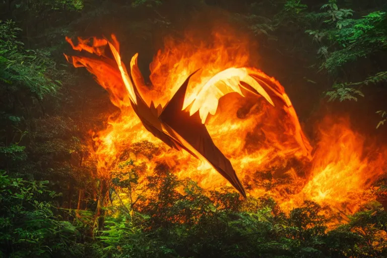 Image similar to photo of a burning phoenix origami fying over the rainforest, award-winning photograph, national geographic, wildlife, 8k UHD, lens flare