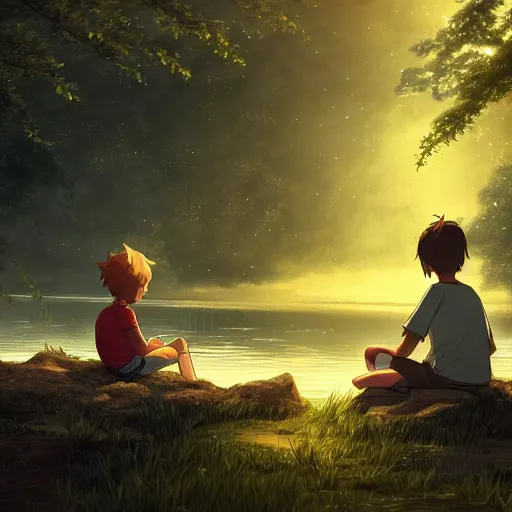 Prompt: a silver dragon and a boy sitting together next to a lake watching firefly at night in forest, concept art, dof, cryengine, digital art, detailed background, makoto shinkai