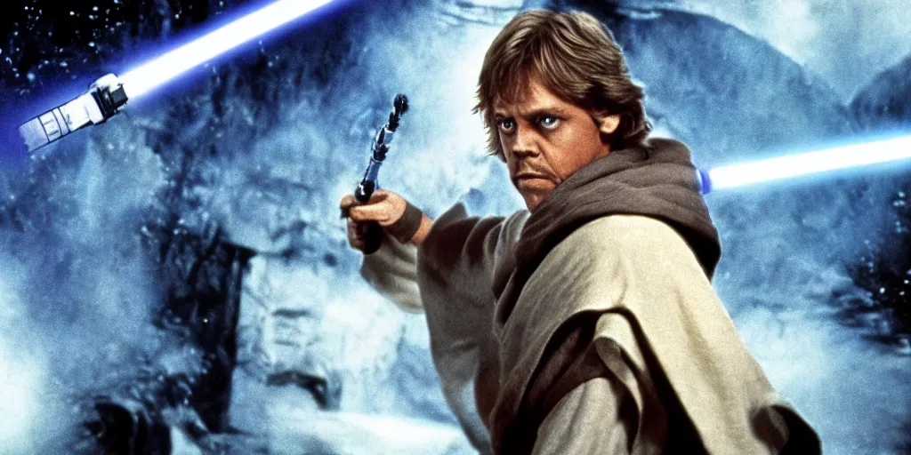 Prompt: Luke Skywalker Return of the jedi played by Mark Hamill 1983, motion runs through massive star wars battle ultra realistic, 4K, movie still, UHD, sharp, detailed, cinematic, render, modern
