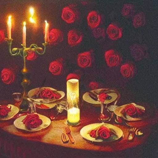 Image similar to kirby!!!!!!!!!!!!!! romantic dinner, candlelight, roses