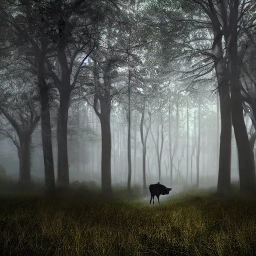 Prompt: Highly realistic painting of a cow standing in the middle of a dark forest, oak trees, fog, moody lighting, volumetric lighting