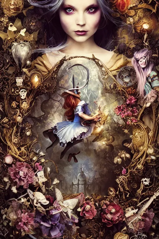 Prompt: poster of Alice in wonderland, Dark Souls 3 themed, surrounded by falling hearts and flower petals, insanely detailed and intricate, golden ratio, elegant, ornate, luxury, elite, ominous, haunting, matte painting, cinematic, cgsociety, James jean, Brian froud, ross tran, Laputa