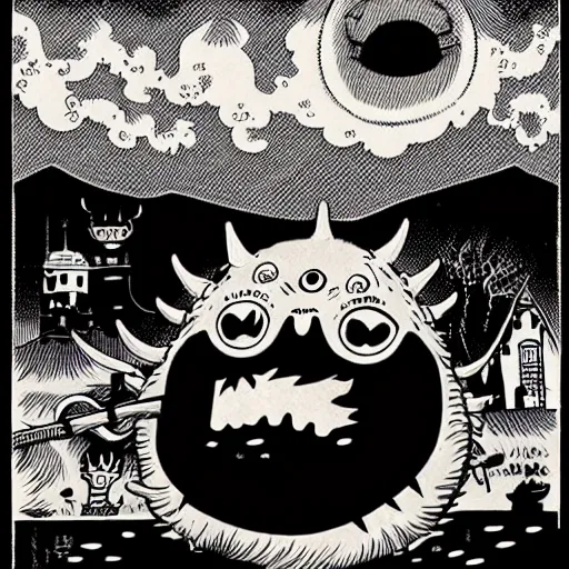 Prompt: mcbess illustration of a gigantic terrifying totoro monster with fangs and glowing eyes attacking a town, gothic, horror film, claws, sharp teeth, aggressive, violent, realistic