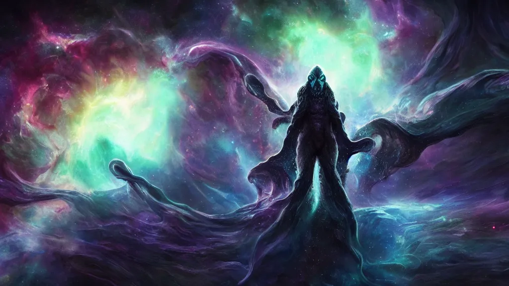 Image similar to cosmic cthulhu in dark space, nebula in background, by lovecraft, details face, detailed body, realistic body proportions, unreal engine, by popular digital artist, digital, artstation, detailed body, heavenly atmosphere, digital art, overdetailed art, trending on artstation, cgstudio, the most beautiful image ever created, dramatic, award winning artwork, beautiful scenery