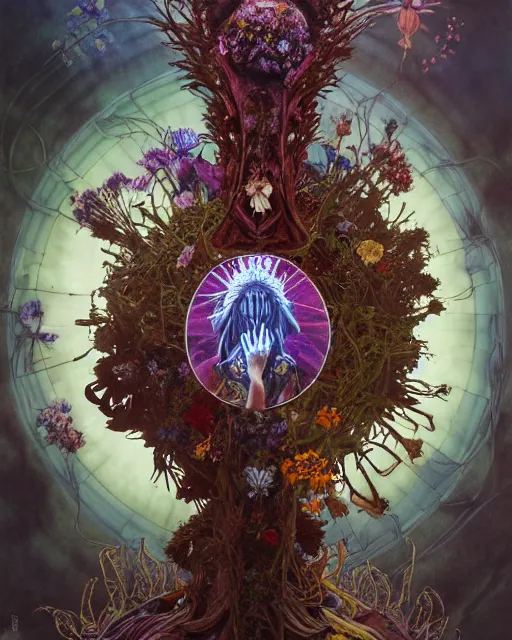 Prompt: the platonic ideal of flowers, rotting, insects and praying of cletus kasady carnage davinci dementor chtulu mandala howl's moving castle dinotopia bioshock the witcher, fantasy, ego death, decay, dmt, psilocybin, concept art by randy vargas and greg rutkowski and ruan jia and alphonse mucha