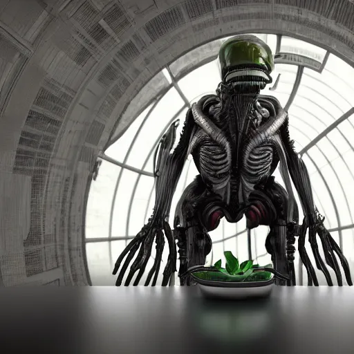 Image similar to cyborg human Xenomorph giant sitting at a table inside the depths of futuristic citadel, amazing 8k character concept art, plant conservatory biolab, fineline detail, cinematic quality, vray 8k render