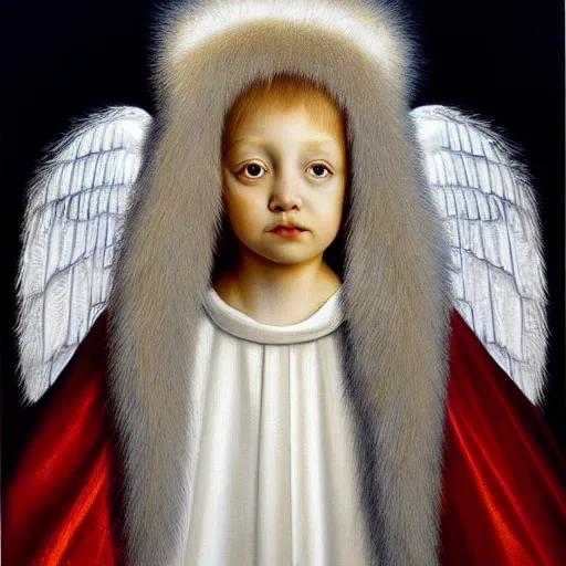 Image similar to highdetailed hyperrealistic painting of white angel in the hood!!!!, giant ball of miracle light from the chest!!!!!, 4 k hd fur face!!!, big wings, by jan van eyck, holography space, white sparkles everywhere, thin strokes, high textures, silver background