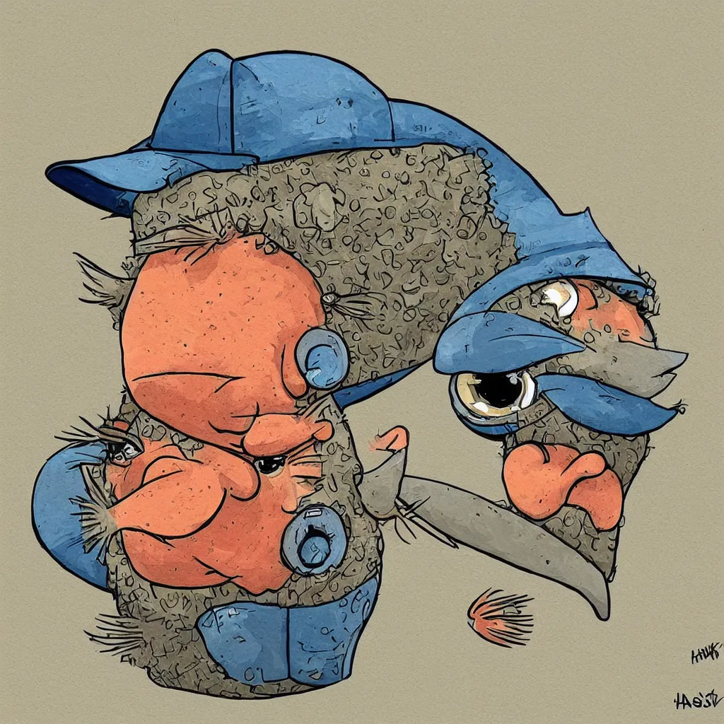 Prompt: An illistration of a blowfish wearing a trucker hat, by Asaf Hanuka, trending on art station