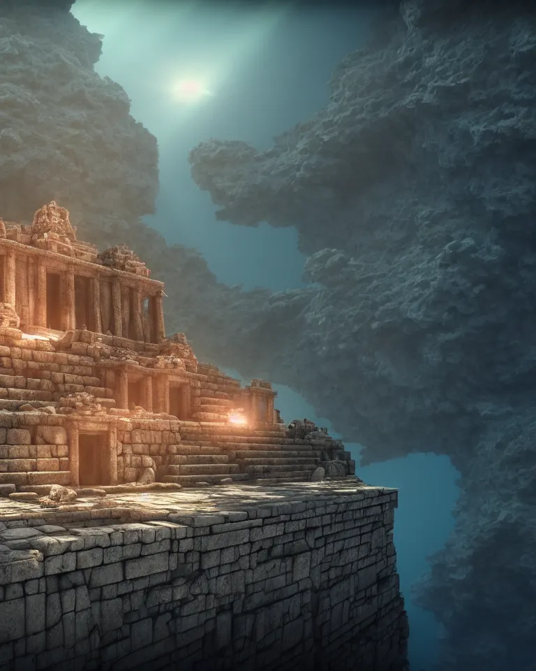 Image similar to ultrawide shot of submerged pre - incan temple, anime style mixed with fujifilm, dark, underwater, symmetrical, bubbles, abyss, dark, murky, foggy, atmospheric, crepuscular rays, artstation, cgsociety, octane render, cgi, unreal engine 5, denoise, detailed, cinematic masterpiece