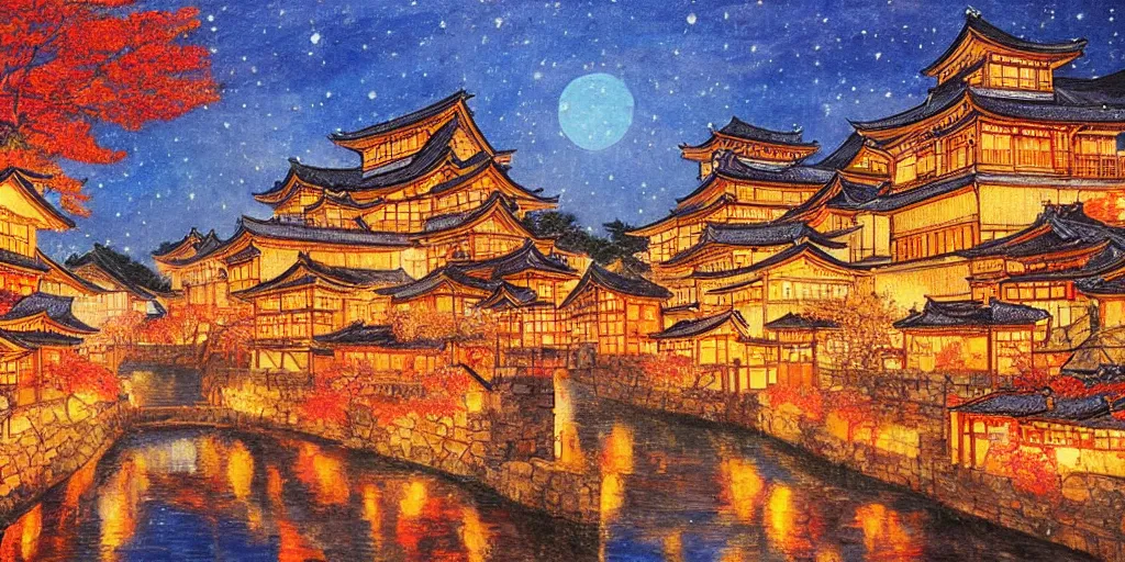 Prompt: a japanese medieval town during autumn at night, painting, beautiful, award winning masterpiece