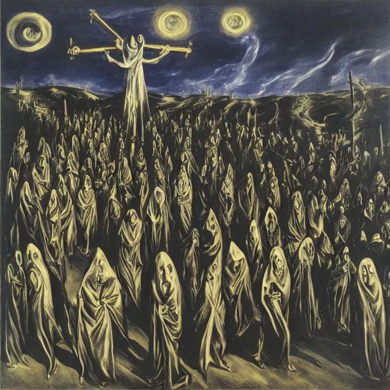 Prompt: A Holy Week procession of grim reapers in a lush Spanish landscape at night. A hooded figure at the front holds a cross. El Greco, Remedios Varo, Salvador Dalí.