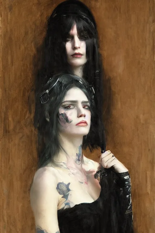 Image similar to Richard Schmid and Jeremy Lipking and Antonio Rotta full length portrait painting of a young beautiful goth punk rock priestess woman