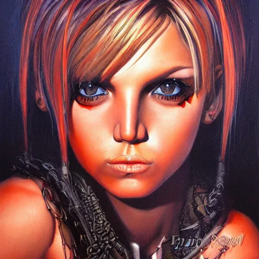 Prompt: detailed portrait of emo britney spears anime intricate, hyper detailed, realistic, oil painting, by julie bell, frank frazetta, cinematic lighting