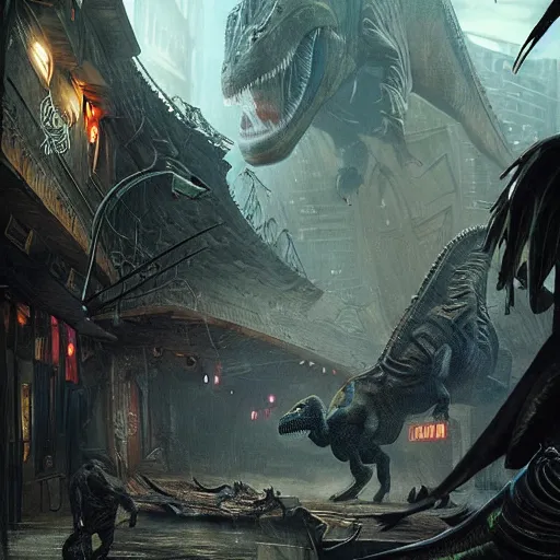 Prompt: “dinosaur black market, similar to Jurassic World: Dominion, creepy city street with Dr. Strange vibes, D&D, fantasy, intricate, cinematic lighting, highly detailed, digital painting, artstation, concept art, smooth, sharp focus, illustration, art by Artgerm and Greg Rutkowski and Alphonse Mucha”