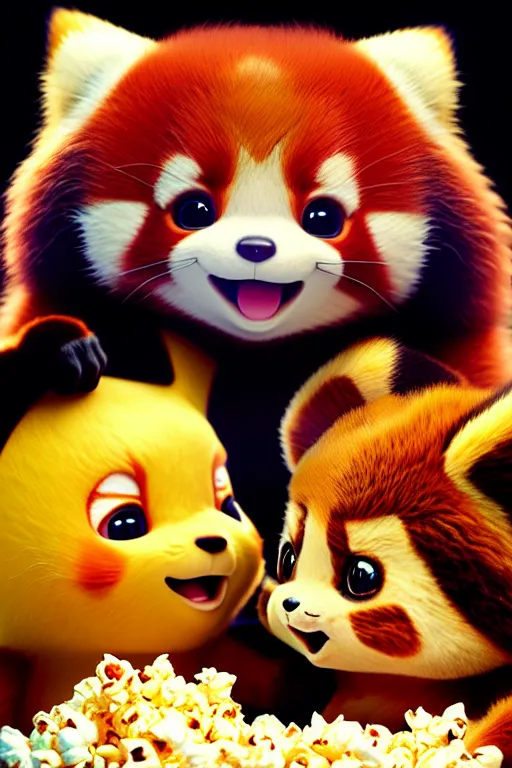 Prompt: high quality 3 d render hyperrealist very cute happy red panda & cat hybrid eating popcorn, vray smooth, detective pikachu, very dramatic light, low angle, uhd 8 k, shallow depth or field