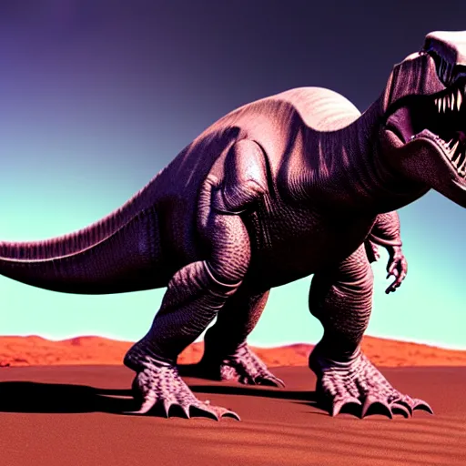 Prompt: an alien t-rex in an unknown planet, photorealistic, 8K