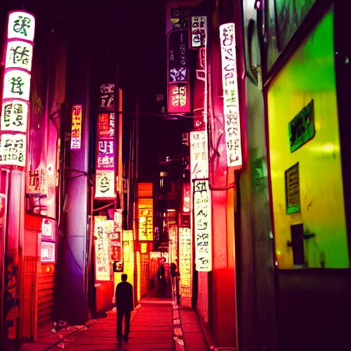 Image similar to Looking down a neon sign lit alleyway in Neo-Tokyo with many neon signs and izakayas, two Japanese businessmen standing against a wall talking to each other, one streetlight, cyberpunk, trending on artstation and behance, by Beeple