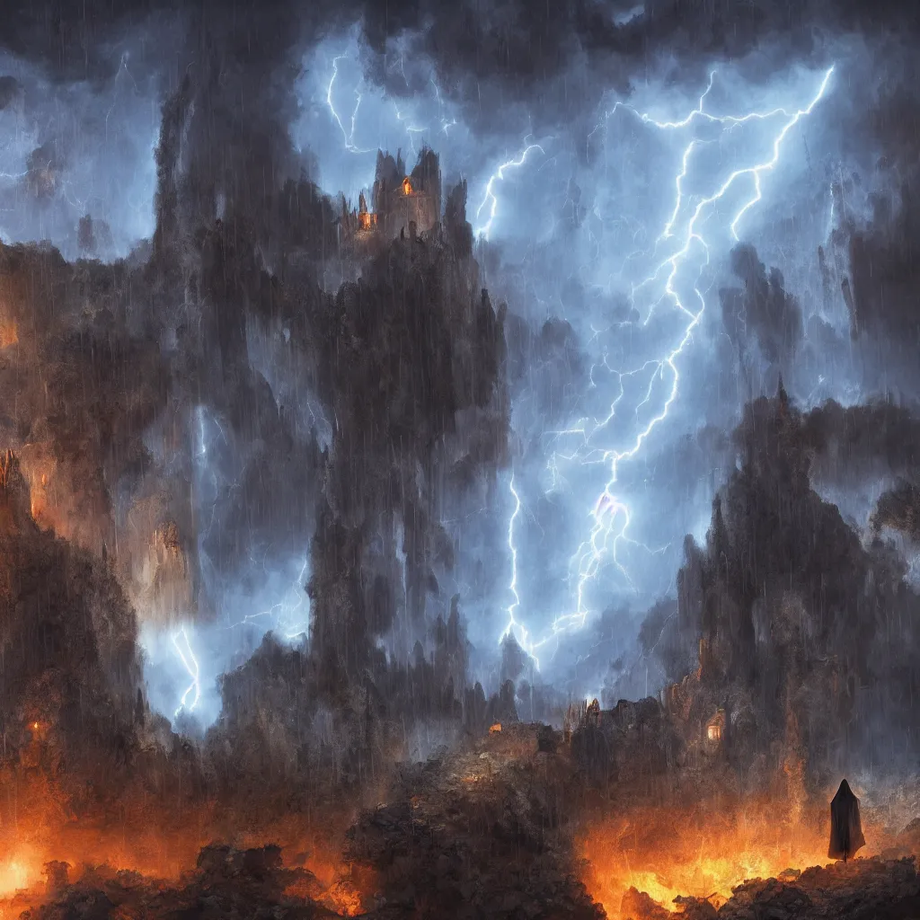 Image similar to a still of a cloaked figure standing in the ruins of crux prime, monastery, there is lightning, blue fiery maelstrom in the distance, it is raining, digital art, artstationhq