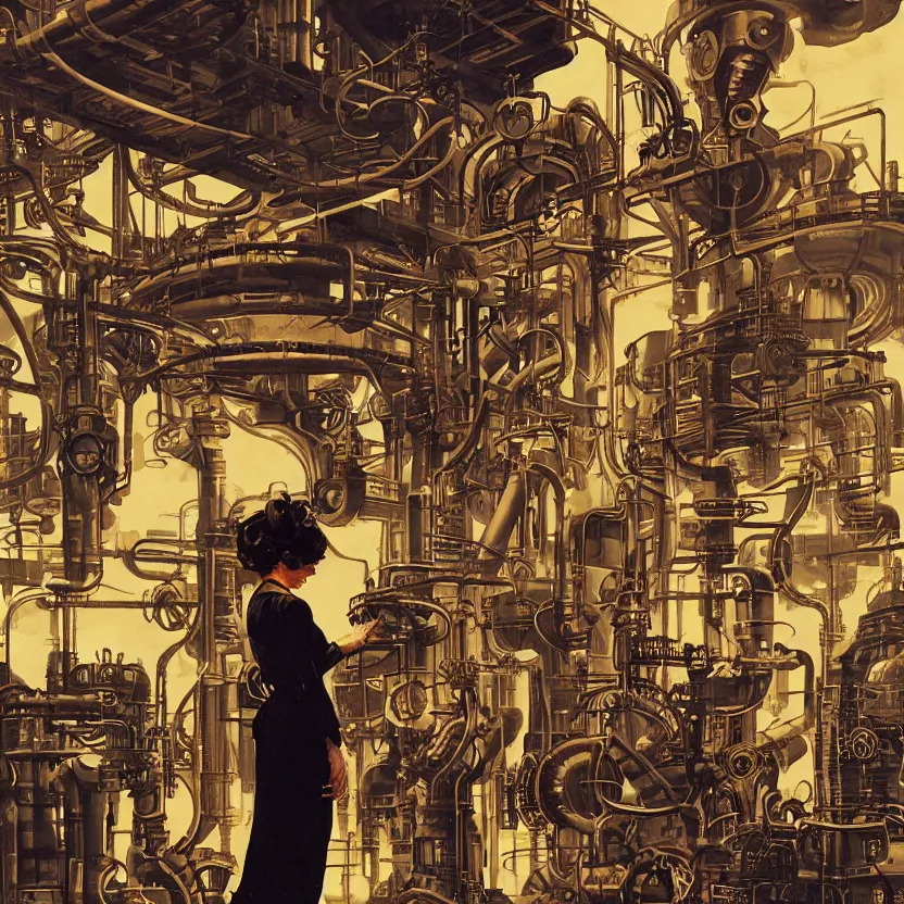 Image similar to a woman in a steampunk retrofuturistic control center for an industrial lava factory, by syd mead and norman rockwell. highly detailed digital art. retrofuturism. steampunk. beautiful lighting. trending on artstation.