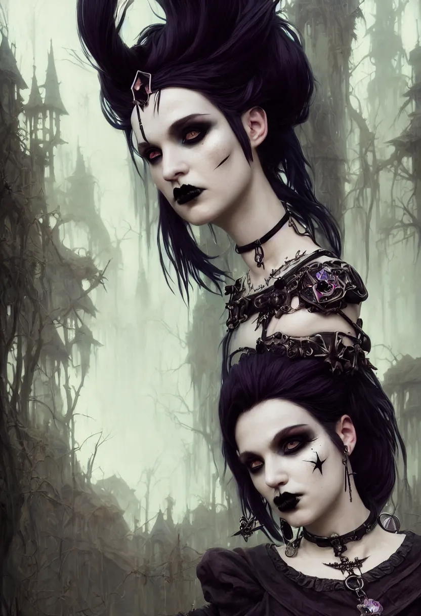 Image similar to beautiful very extreme closeup portrait, reflection in mirrors, goth girl, piercings collar, mohawk hairstyle, medieval dress. witch, makeup. unreal engine, greg rutkowski, loish, rhads, beeple, tom bagshaw, alphonse mucha, global illumination, detailed and intricate environment