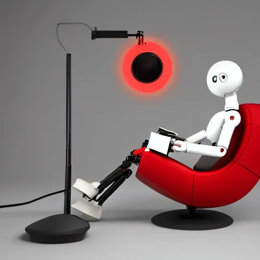 Image similar to futuristic lonely matte brown and red full-body humanoid robot with two huge round expressive sad LED eyes and open rectangular mouth sitting on a large comfortable cushioned 1950s vintage recliner reading a newspaper. open newspaper. Cinematic Lighting, Cinematic Movie Photograph, Arri Alexa, Extremely Detailed, smooth, very very clean, 8K, octane render, maya render, unreal engine, trending on artstation, DSLR, excellent composition, center frame