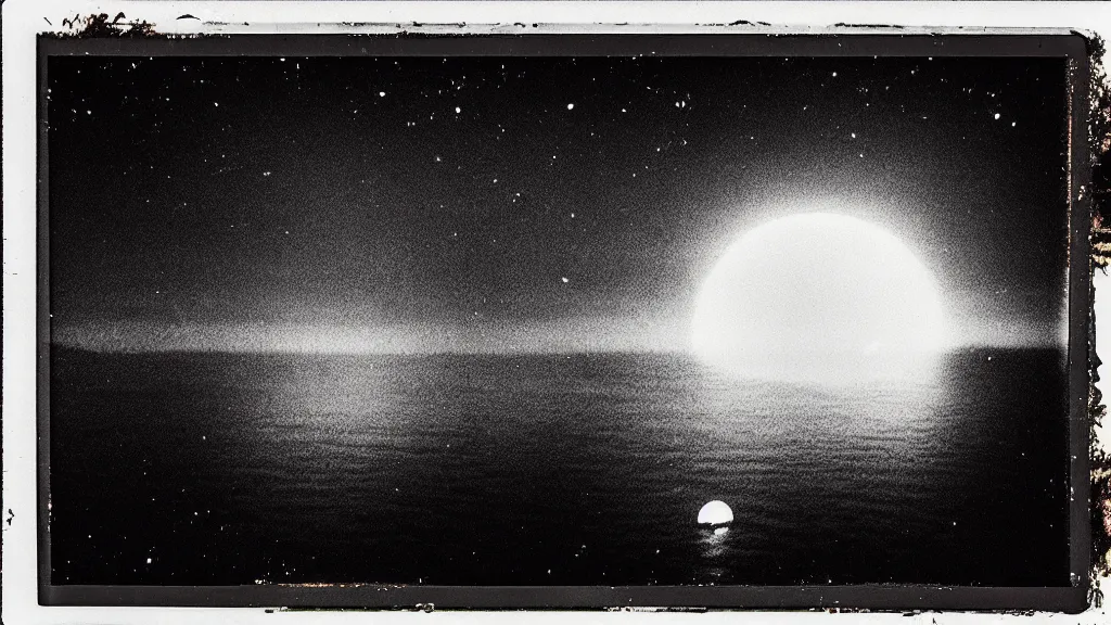 Image similar to birds eye view, haunted VHS glitch polaroid of a distant celestial ferry sailing through deep blackness. black bay, stars strange perspective, depths, Ethereal lighting. Nighttime setting with the moon reflecting off the water